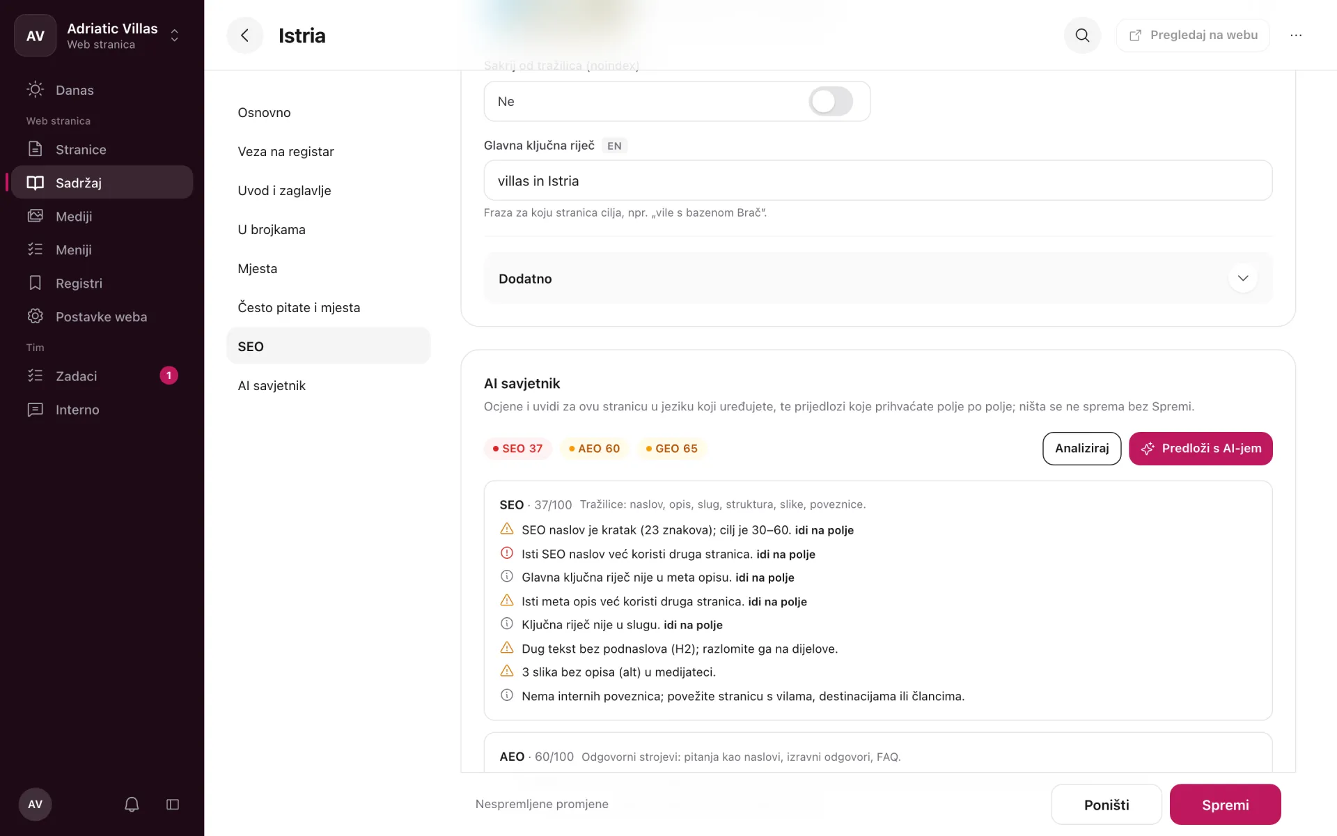 AI Advisor scores for SEO, AEO and GEO with insights on a destination page