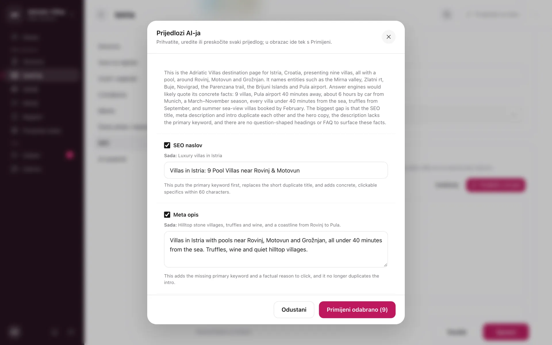 AI suggestions for the SEO title and meta description, accepted field by field