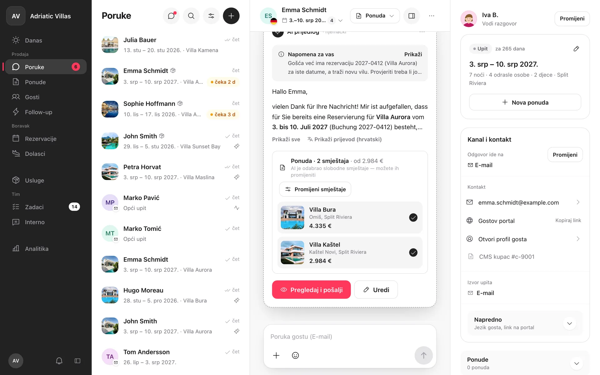 Inbox Epic Conciergea s AI prijedlogom odgovora