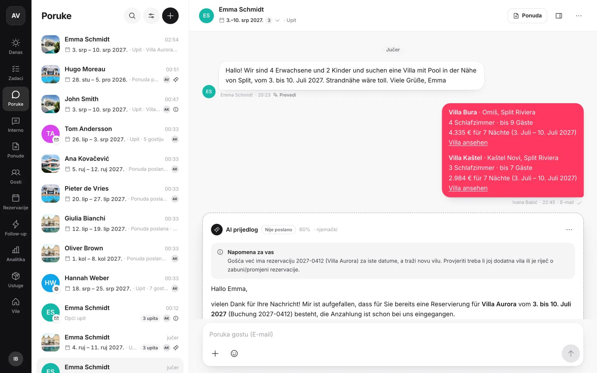 Epic Concierge inbox with a guest's German inquiry, a sent villa offer and an AI reply draft