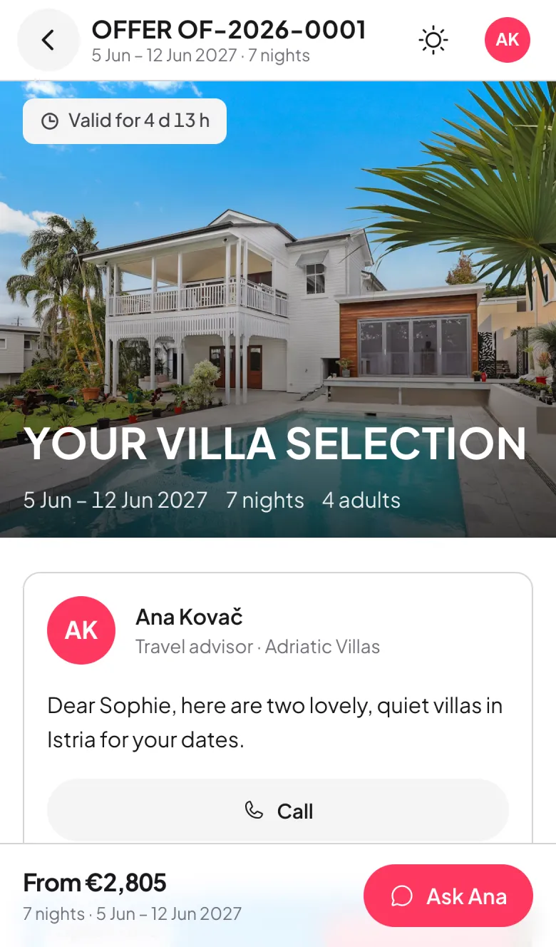 Villa offer on the guest's phone