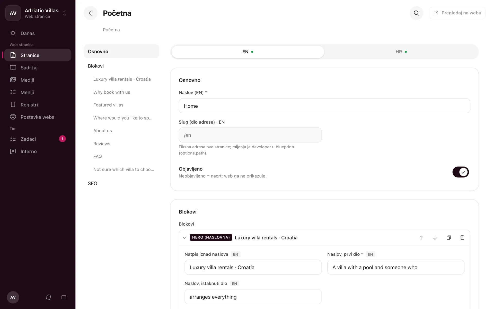 Epic CMS editor with the hero block of a demo agency's home page